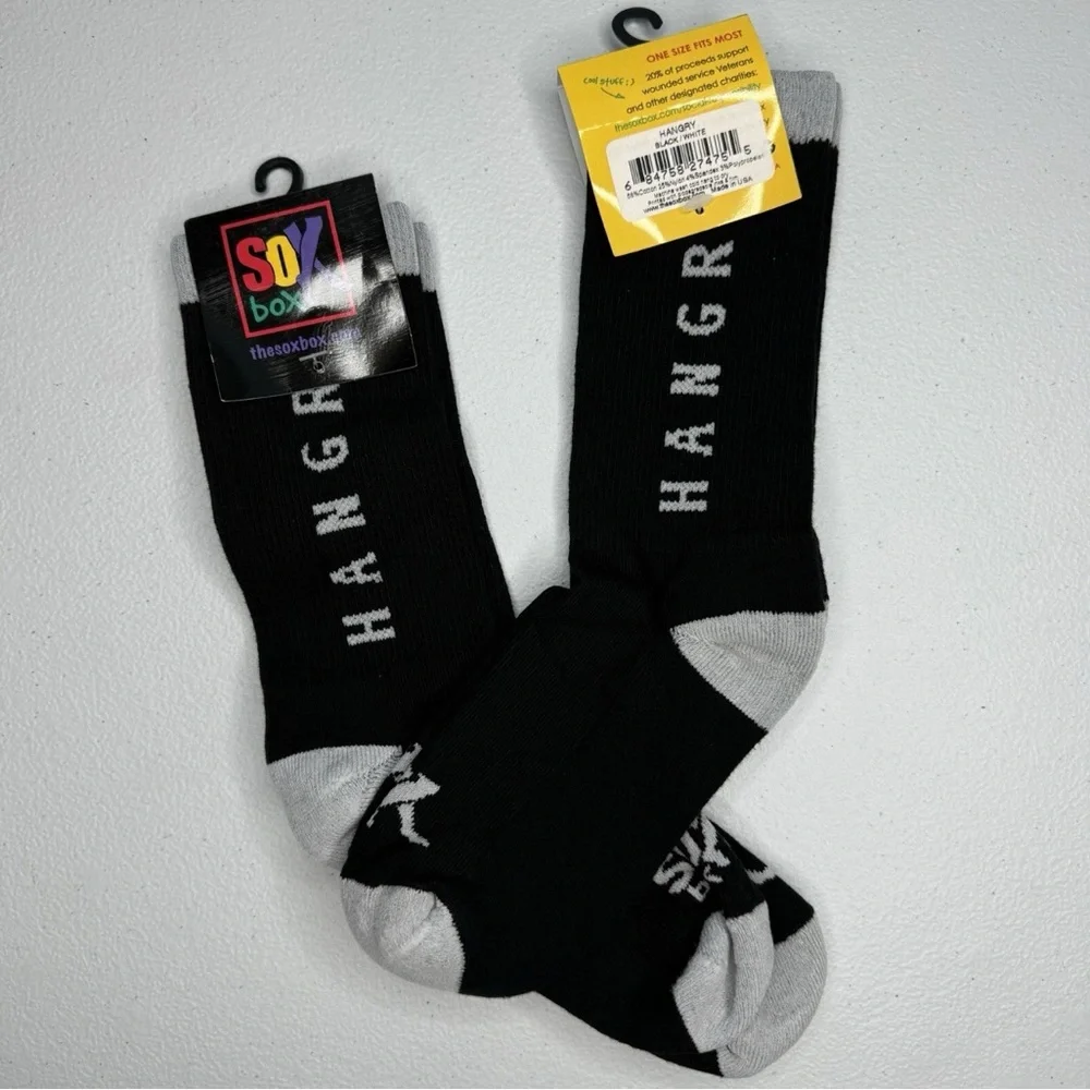 The Sox Box Hangry Crew Socks OSFM Mid Calf Black Gray Humor Novelty 4 Pairs New